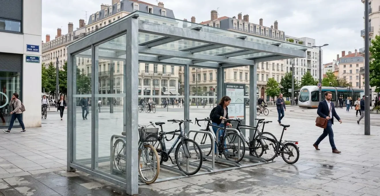 Abri vélo extérieur moderne avec structure métallique et plusieurs vélos garés dans un environnement urbain français contemporain