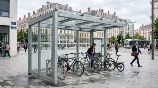 Abri vélo extérieur moderne avec structure métallique et plusieurs vélos garés dans un environnement urbain français contemporain