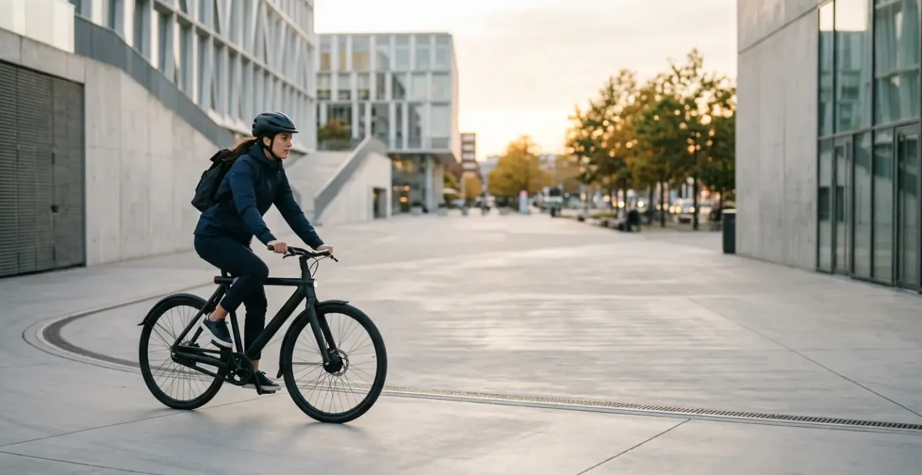 Cycliste urbain avec son vélo à assistance électrique dans un environnement de ville moderne