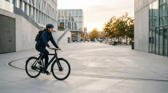 Cycliste urbain avec son vélo à assistance électrique dans un environnement de ville moderne