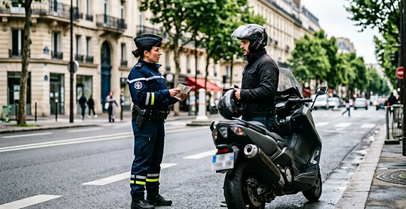 Agent des forces de l'ordre en uniforme professionnel lors d'un contrôle routier de deux-roues sur une route française