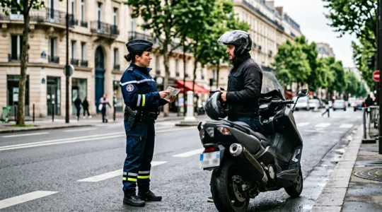 Agent des forces de l'ordre en uniforme professionnel lors d'un contrôle routier de deux-roues sur une route française