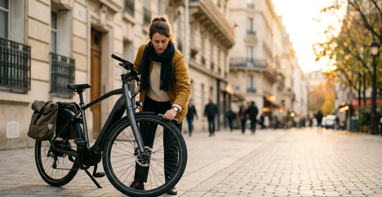 Cycliste en contexte urbain proche de son domicile illustrant l'importance de l'assistance vélo 0 km