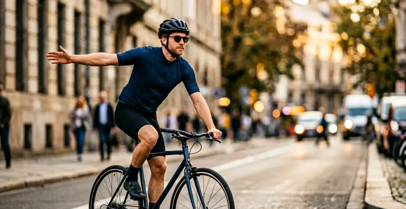 Cycliste circulant sereinement en milieu urbain avec une gestuelle assurée
