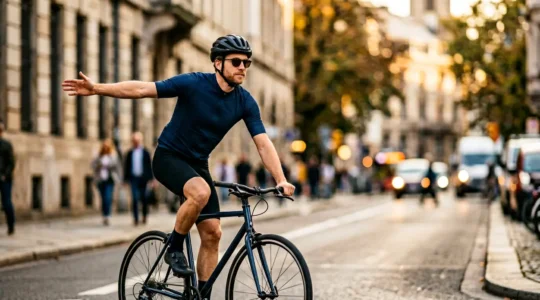 Cycliste circulant sereinement en milieu urbain avec une gestuelle assurée