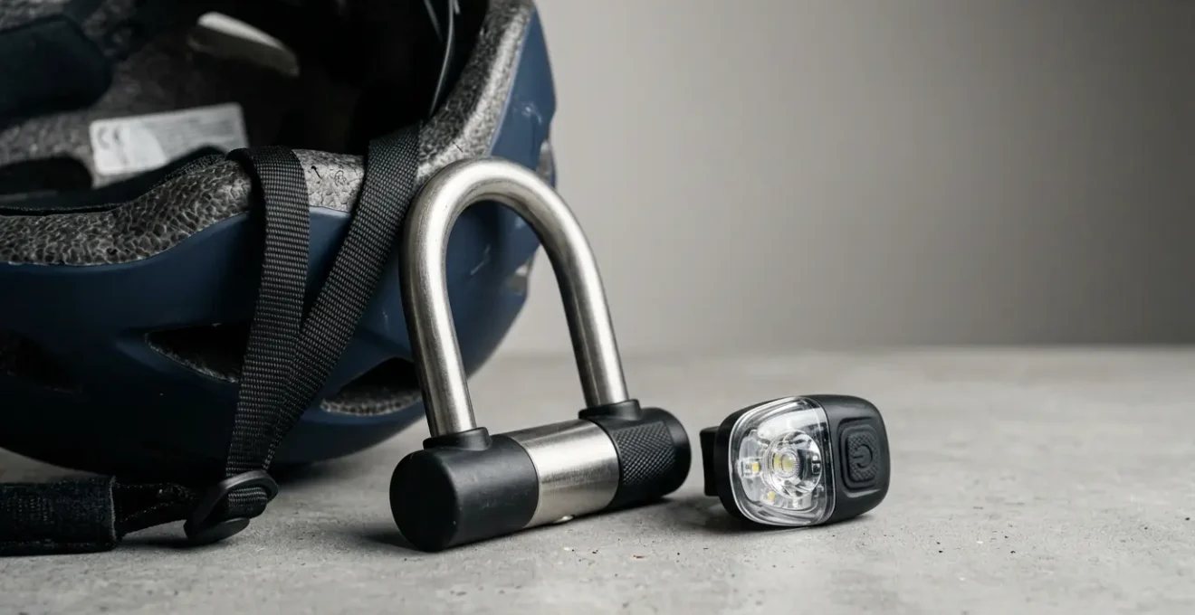 Gros plan sur un casque de vélo certifié avec étiquette de norme visible, antivol en U et système d'éclairage sur fond neutre
