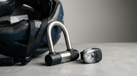 Gros plan sur un casque de vélo certifié avec étiquette de norme visible, antivol en U et système d'éclairage sur fond neutre