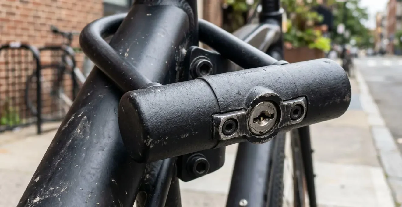 Gros plan sur un antivol en U noir mat attaché au cadre d'un vélo avec détail de la serrure cylindrique et arrière-plan flouté