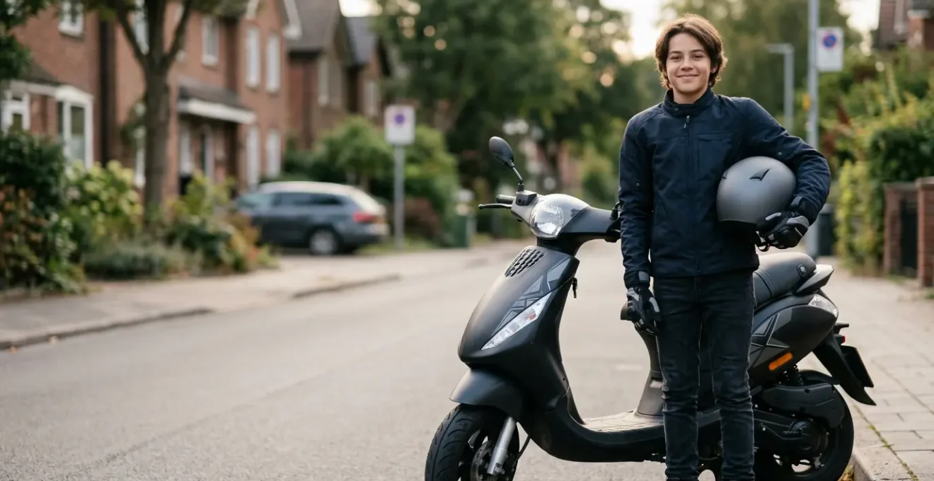Adolescent de 14 ans équipé d'un casque et de gants, près de son scooter 50cc, incarnant le début d'une nouvelle liberté sécurisée
