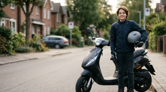 Adolescent de 14 ans équipé d'un casque et de gants, près de son scooter 50cc, incarnant le début d'une nouvelle liberté sécurisée