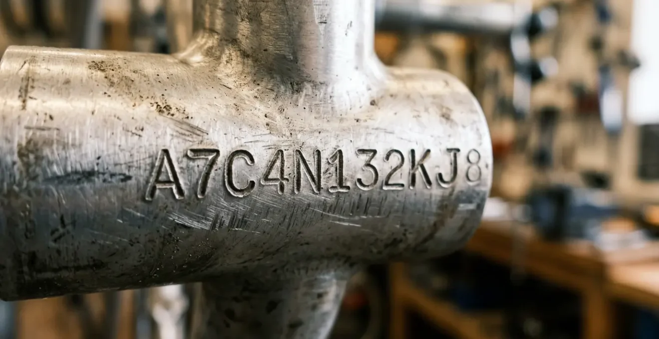 Gros plan d'une gravure de marquage antivol Bicycode sur un cadre de vélo avec certificat de propriété