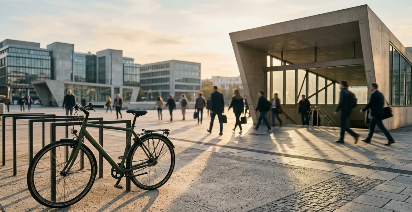 Scène urbaine montrant l'intermodalité entre vélo et transports en commun