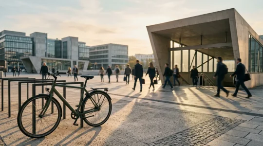 Scène urbaine montrant l'intermodalité entre vélo et transports en commun