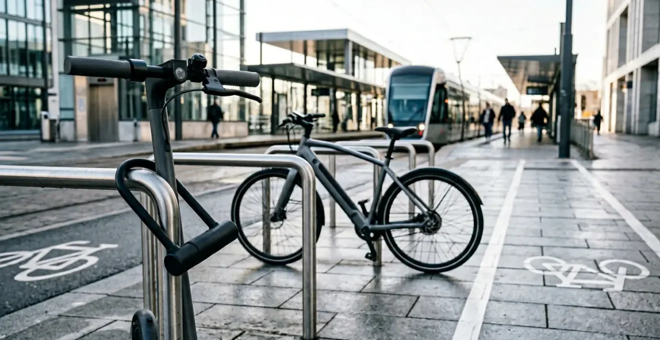 Scène urbaine moderne illustrant la mobilité multimodale avec vélo, trottinette et transports en commun