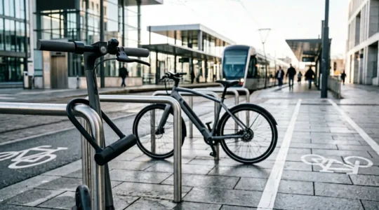 Scène urbaine moderne illustrant la mobilité multimodale avec vélo, trottinette et transports en commun