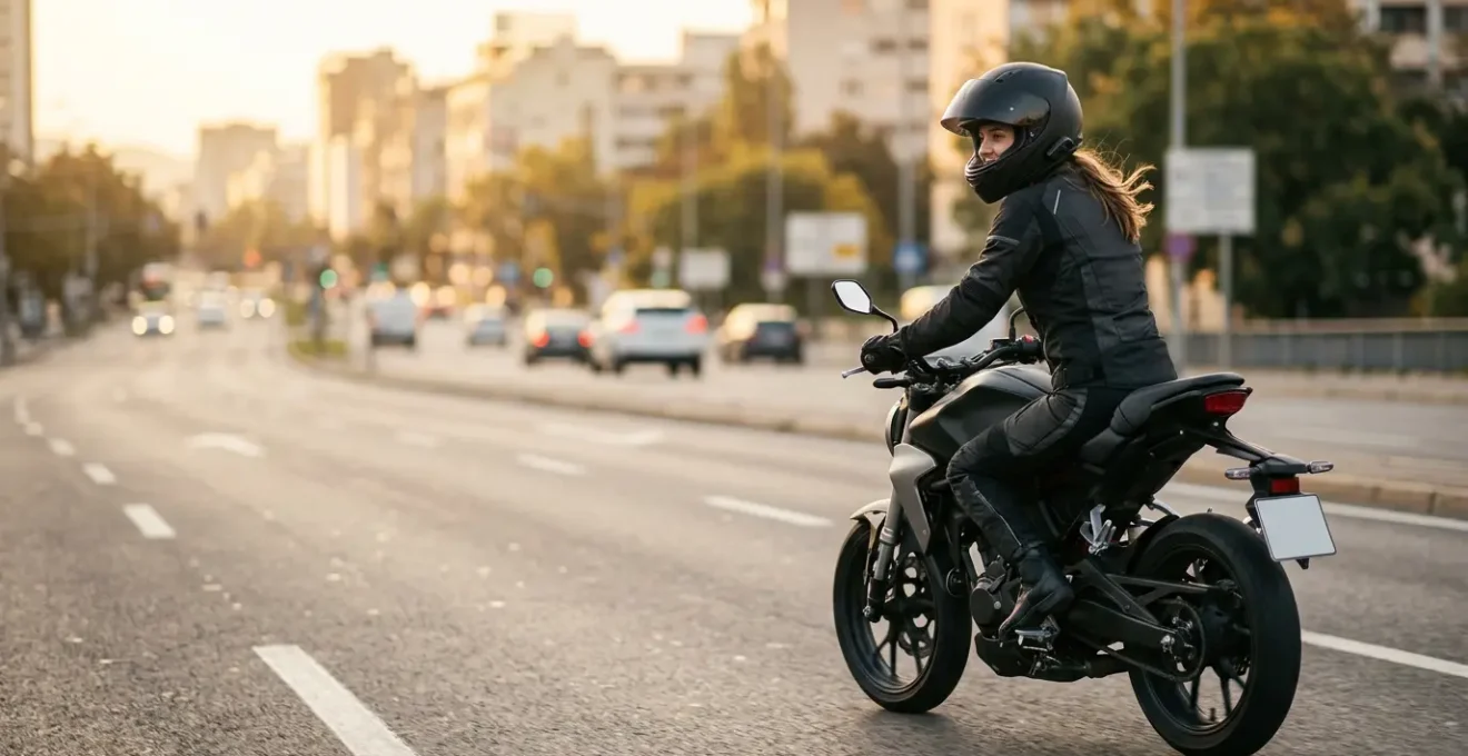Motard équipé conduisant une moto 125cc sur route, représentant les obligations de permis et formation en France