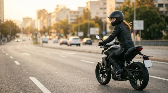 Motard équipé conduisant une moto 125cc sur route, représentant les obligations de permis et formation en France
