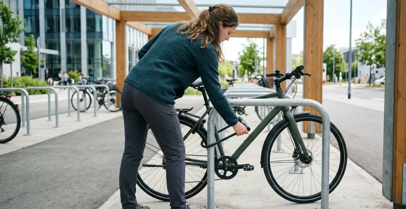 Personne vue de dos attachant un vélo dans un abri extérieur, geste de sécurisation du cadre et de la roue à un arceau fixe, vêtements contemporains