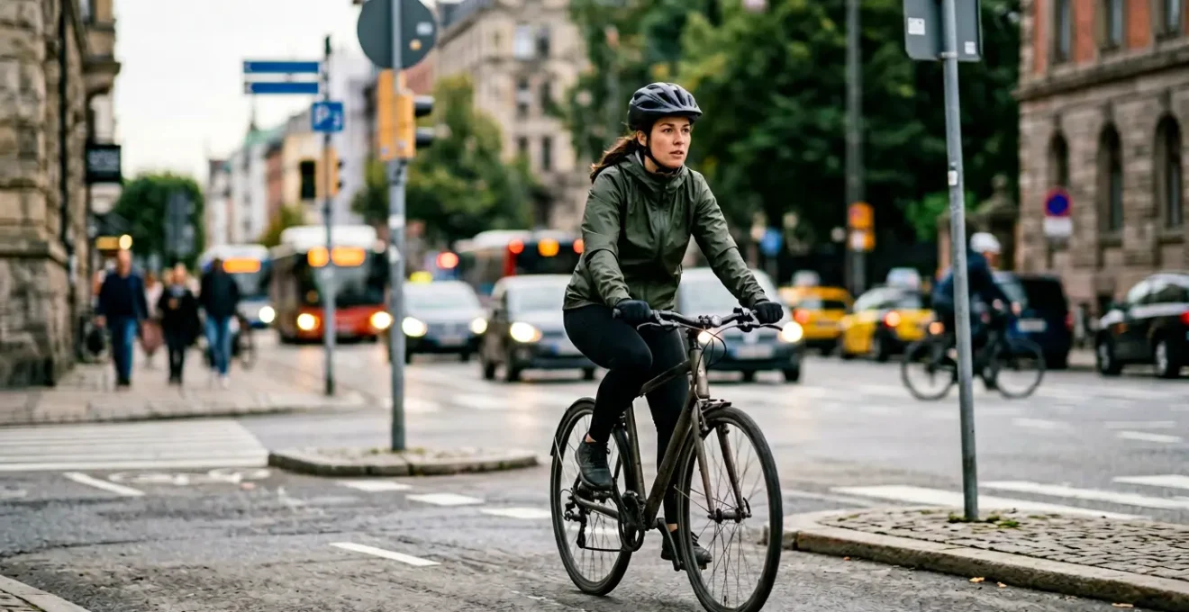 Cycliste urbain en situation de déplacement quotidien illustrant la nécessité de protection personnelle