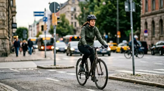 Cycliste urbain en situation de déplacement quotidien illustrant la nécessité de protection personnelle