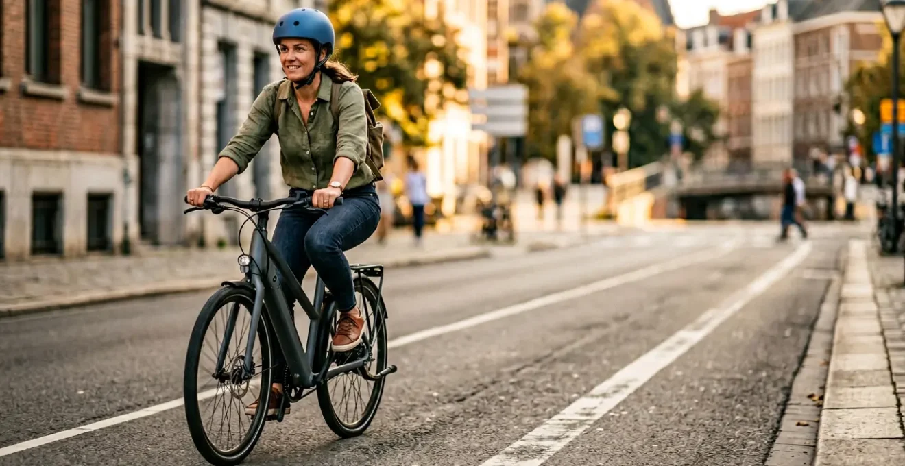 Personne utilisant un vélo électrique ou une trottinette sur une voie urbaine sécurisée