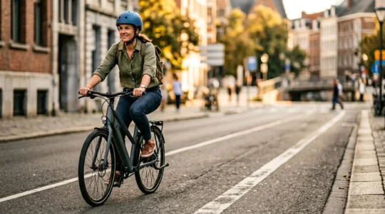 Personne utilisant un vélo électrique ou une trottinette sur une voie urbaine sécurisée