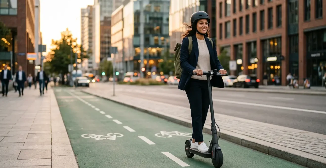 Conducteur de trottinette électrique circulant sereinement sur piste cyclable urbaine