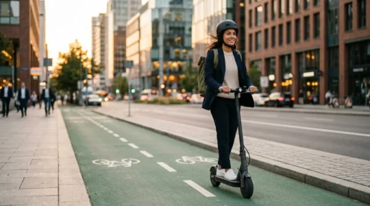 Conducteur de trottinette électrique circulant sereinement sur piste cyclable urbaine