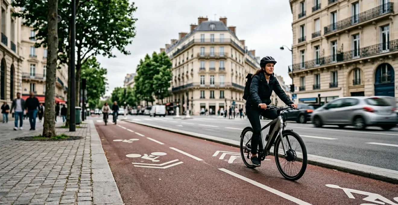 Scene urbaine montrant la circulation des engins de deplacement personnel motorises dans un environnement urbain francais