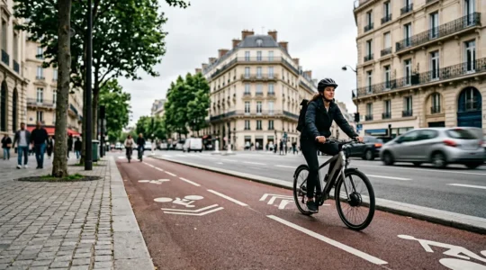 Scene urbaine montrant la circulation des engins de deplacement personnel motorises dans un environnement urbain francais