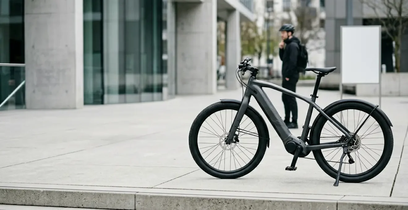 Cycliste consultant les caractéristiques techniques d'un vélo électrique moderne dans un environnement urbain