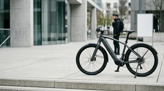 Cycliste consultant les caractéristiques techniques d'un vélo électrique moderne dans un environnement urbain