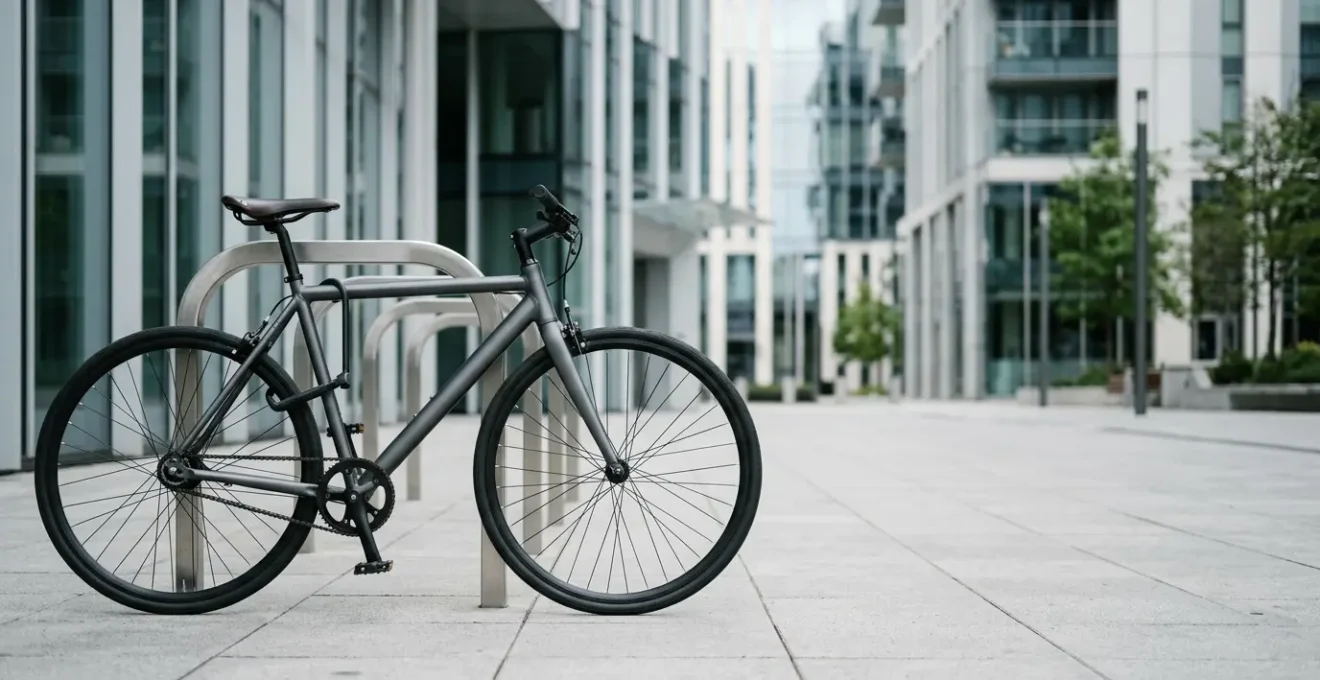 Vélo moderne avec cadre métallique identifiable garé en environnement urbain sécurisé