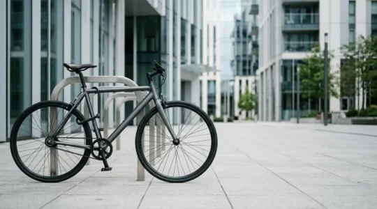 Vélo moderne avec cadre métallique identifiable garé en environnement urbain sécurisé