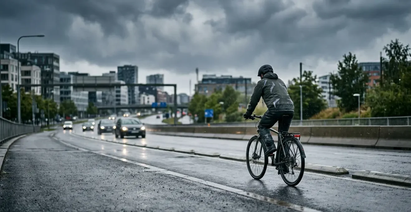 Cycliste urbain sur piste cyclable en conditions climatiques variées
