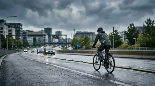 Cycliste urbain sur piste cyclable en conditions climatiques variées