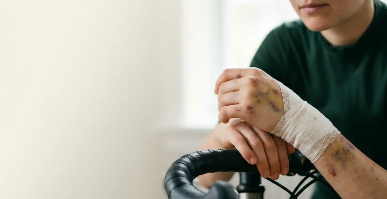 Scène après un accident de vélo avec fractures nécessitant une indemnisation complète