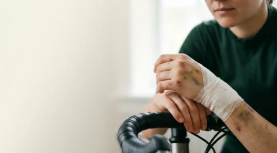 Scène après un accident de vélo avec fractures nécessitant une indemnisation complète