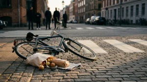 Scène d'accident urbain entre cycliste et piéton illustrant les conséquences juridiques