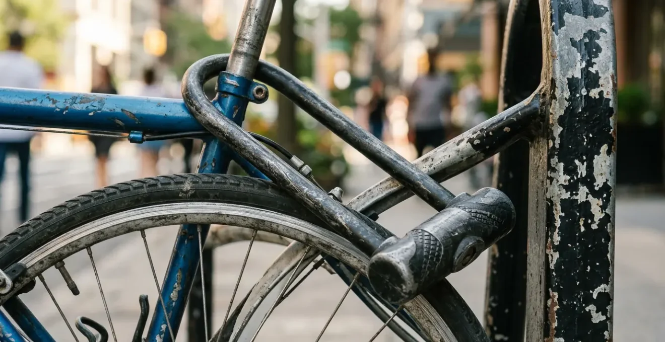 Gros plan sur un antivol en U attachant un vélo à un arceau urbain en pleine journée