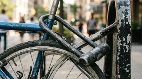 Gros plan sur un antivol en U attachant un vélo à un arceau urbain en pleine journée