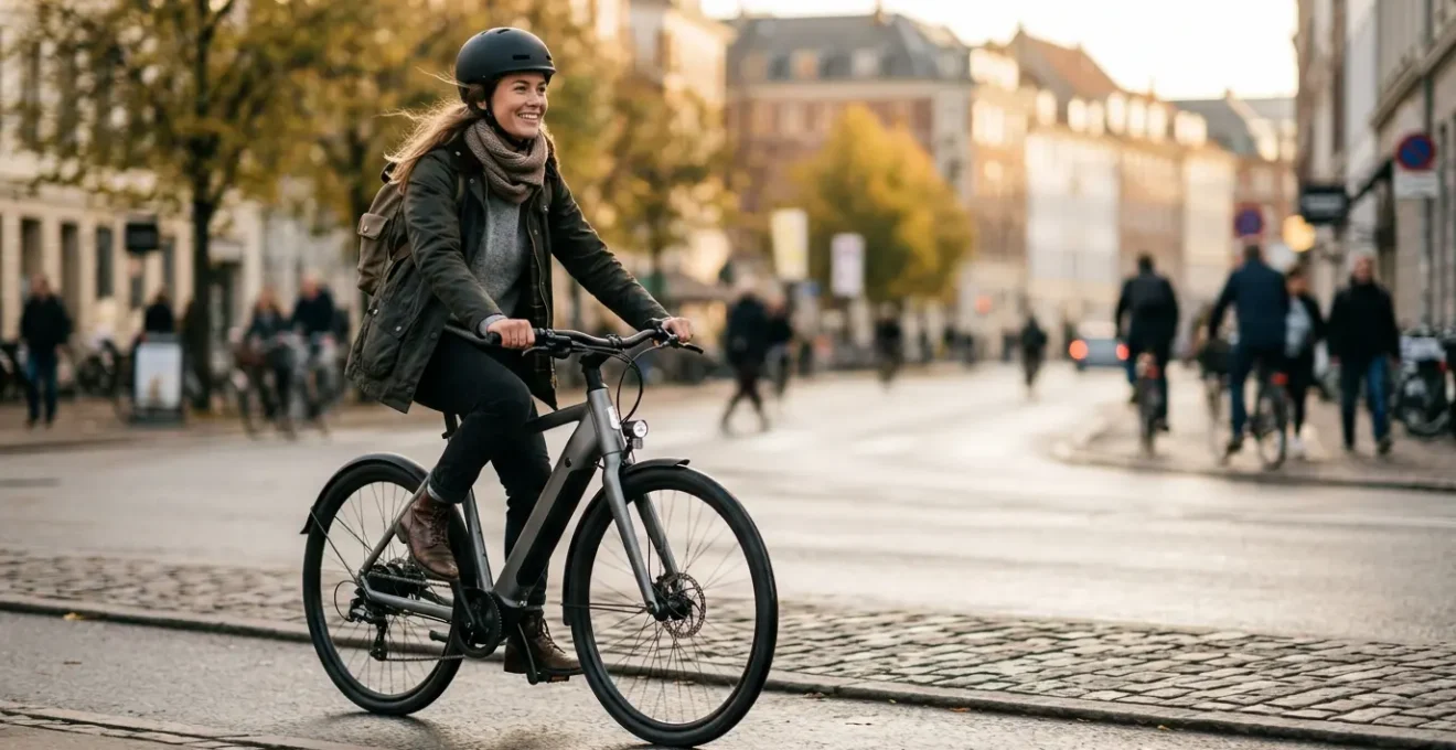 Cycliste urbain en mouvement avec son vélo électrique dans un environnement urbain contemporain, concept de mobilité connectée et flexible