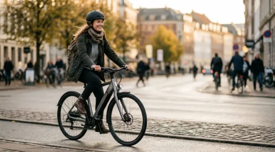 Cycliste urbain en mouvement avec son vélo électrique dans un environnement urbain contemporain, concept de mobilité connectée et flexible