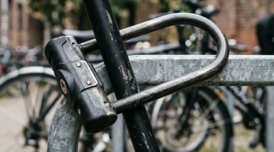 Gros plan d'un cadenas de sécurité haute résistance avec serrure complexe dans un environnement urbain