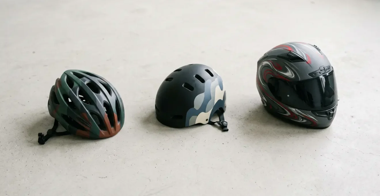 Casques de protection pour vélo, trottinette électrique et moto posés sur un fond neutre minimaliste