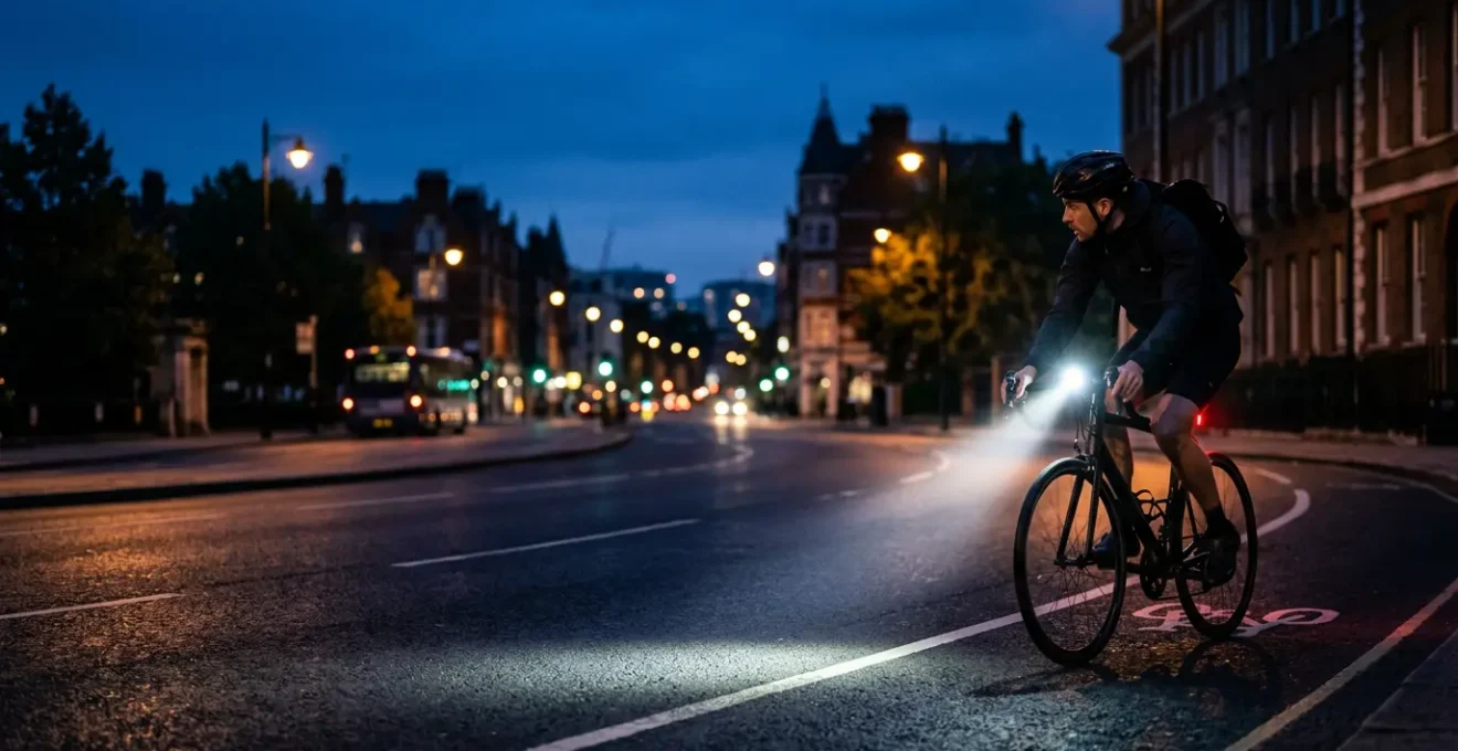 Cycliste urbain avec éclairage vélo puissant roulant de nuit sur route éclairée