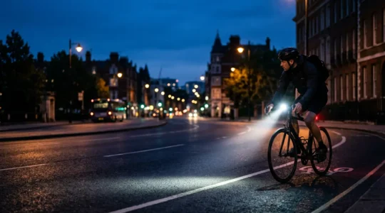 Cycliste urbain avec éclairage vélo puissant roulant de nuit sur route éclairée