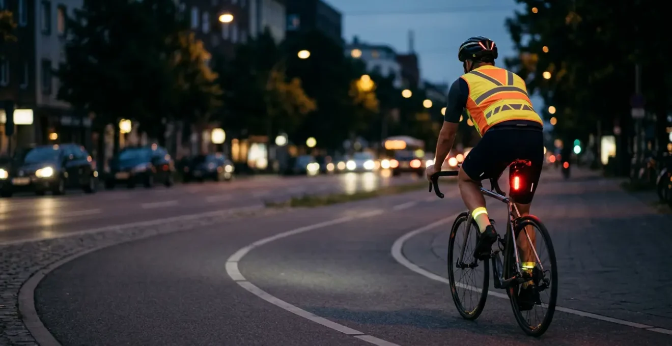 Cycliste équipé d'éclairage et de vêtements réfléchissants circulant de nuit en conditions de faible visibilité