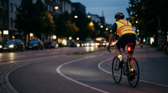 Cycliste équipé d'éclairage et de vêtements réfléchissants circulant de nuit en conditions de faible visibilité