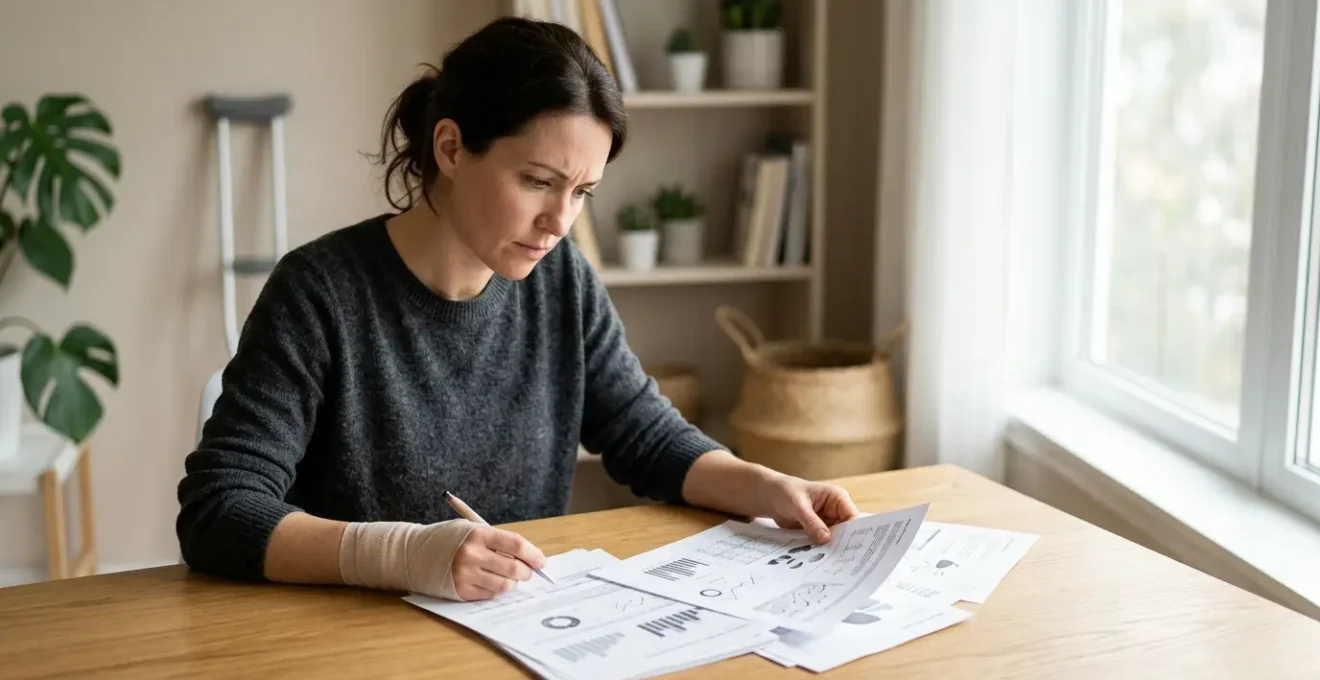 Personne en arrêt maladie consultant des documents d'assurance prévoyance dans un environnement calme et lumineux